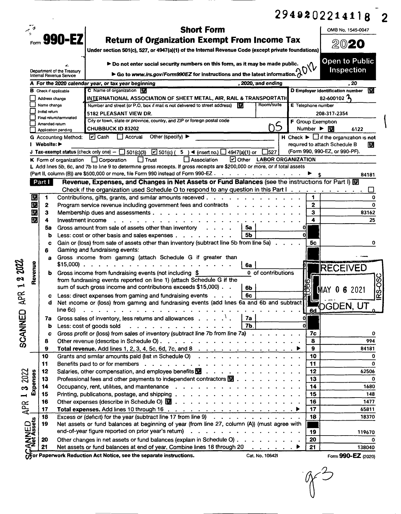 Image of first page of 2020 Form 990EO for Smart Union - 265 TD