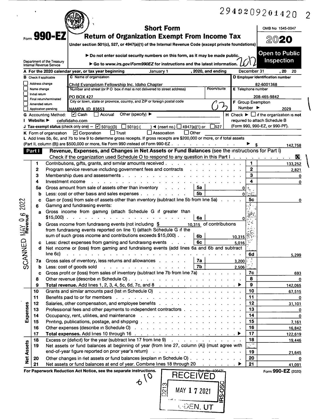 Image of first page of 2020 Form 990EZ for CHILD EVANGELISM FELLOWSHIP - CHILD EVANGELISM FELLOWSHIP INC Idaho Chapter