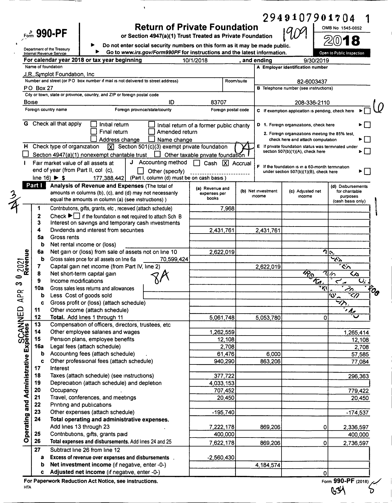 Image of first page of 2018 Form 990PF for J R Simplot Company