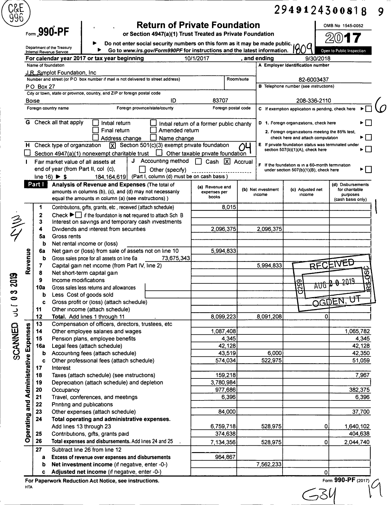 Image of first page of 2017 Form 990PF for J R Simplot Company