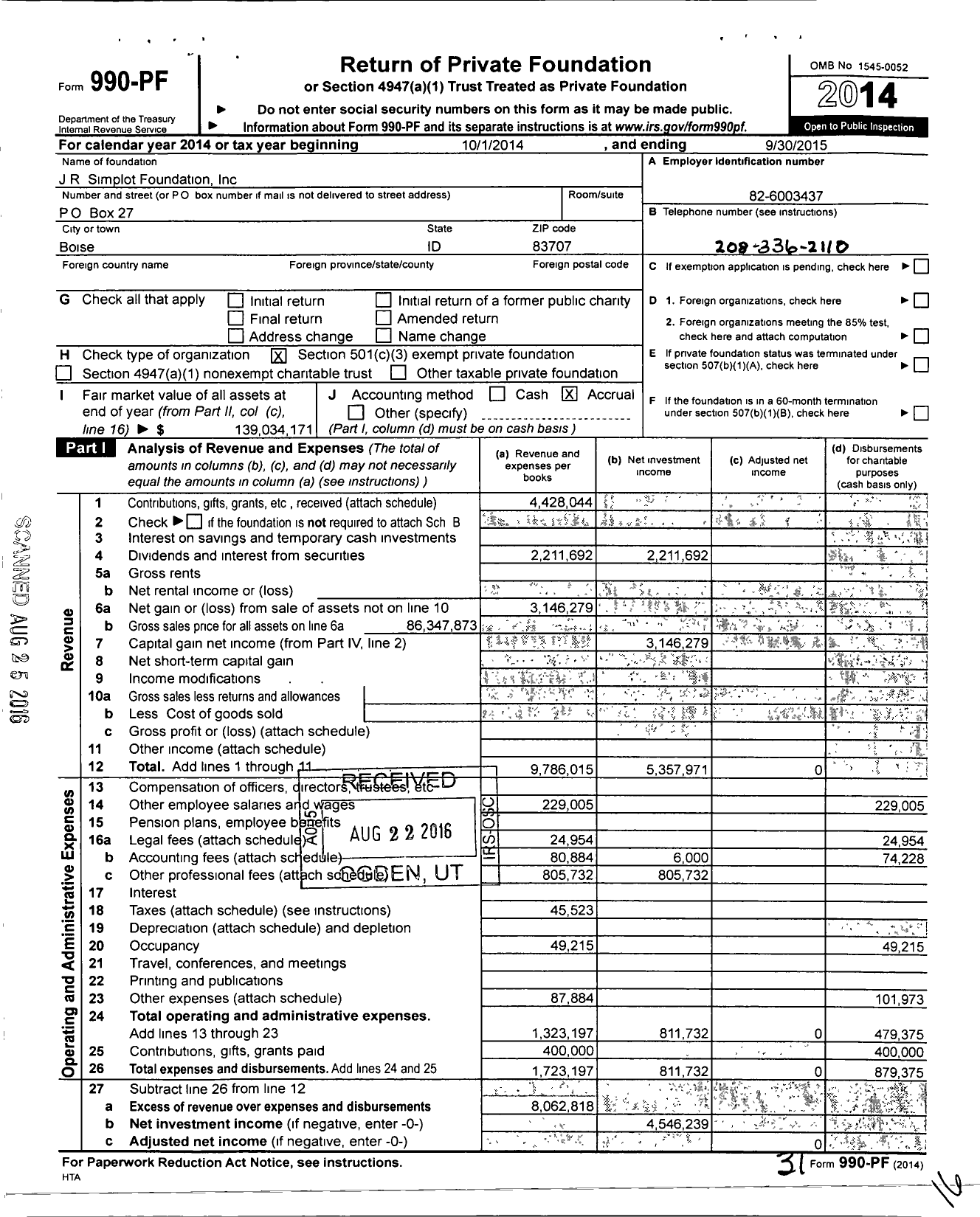 Image of first page of 2014 Form 990PF for J R Simplot Company