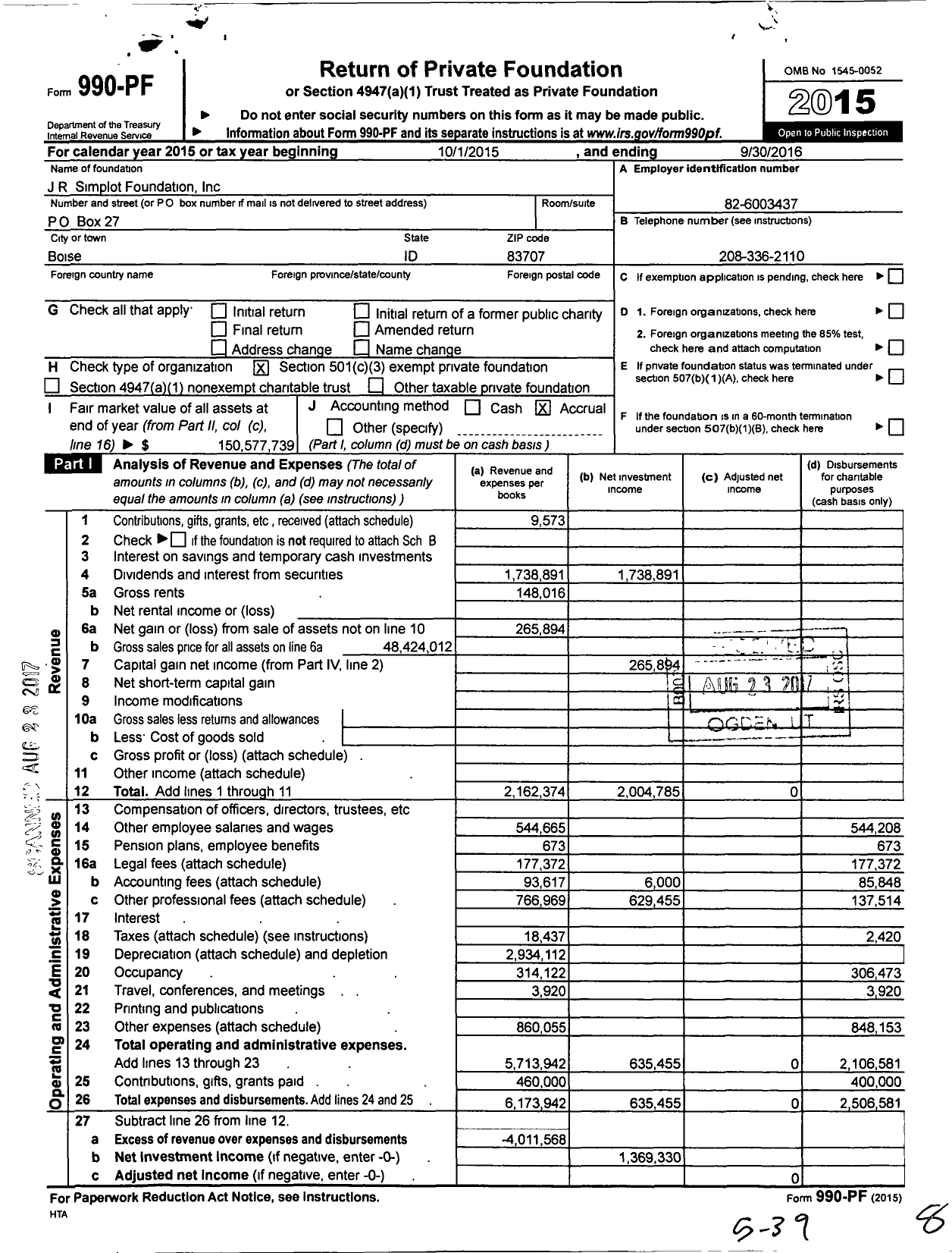 Image of first page of 2015 Form 990PF for J R Simplot Company