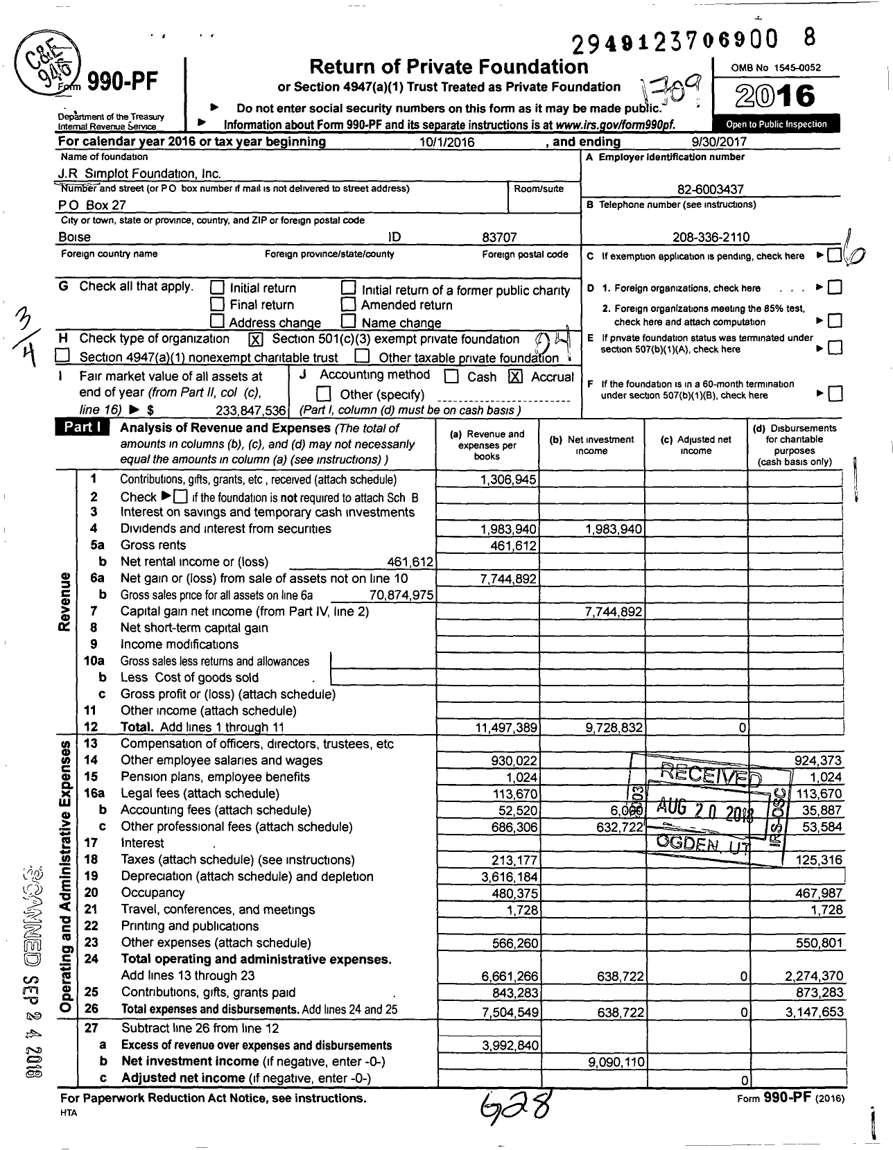 Image of first page of 2016 Form 990PF for J R Simplot Company