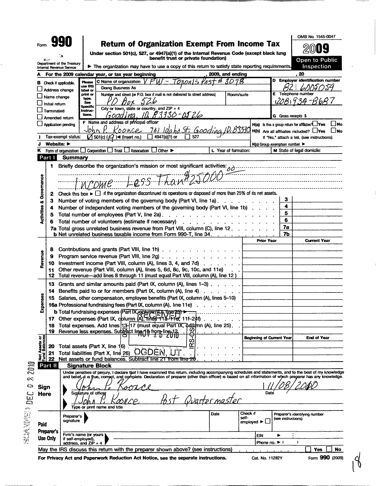 Image of first page of 2009 Form 990O for Veterans of Foreign Wars of the United States Dept of Idaho - 3078 Toponis VFW Post