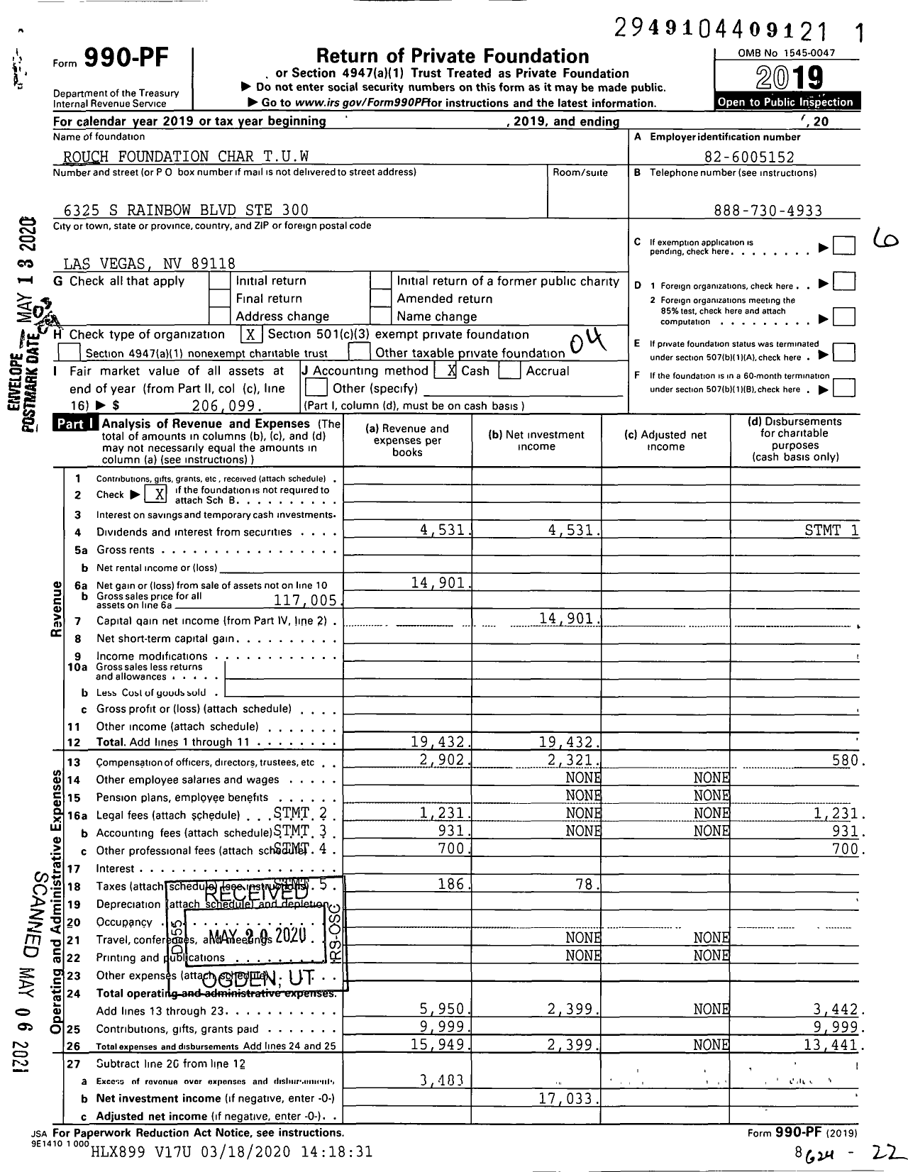 Image of first page of 2019 Form 990PF for Rouch Foundation Char Tuw