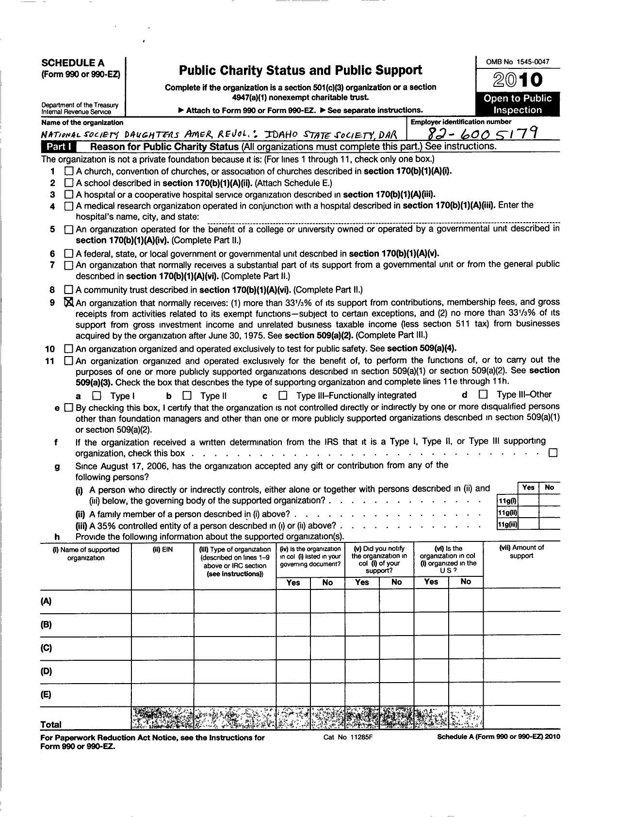 Image of first page of 2010 Form 990R for Daughters of the American Revolution - Idaho State Society Dar