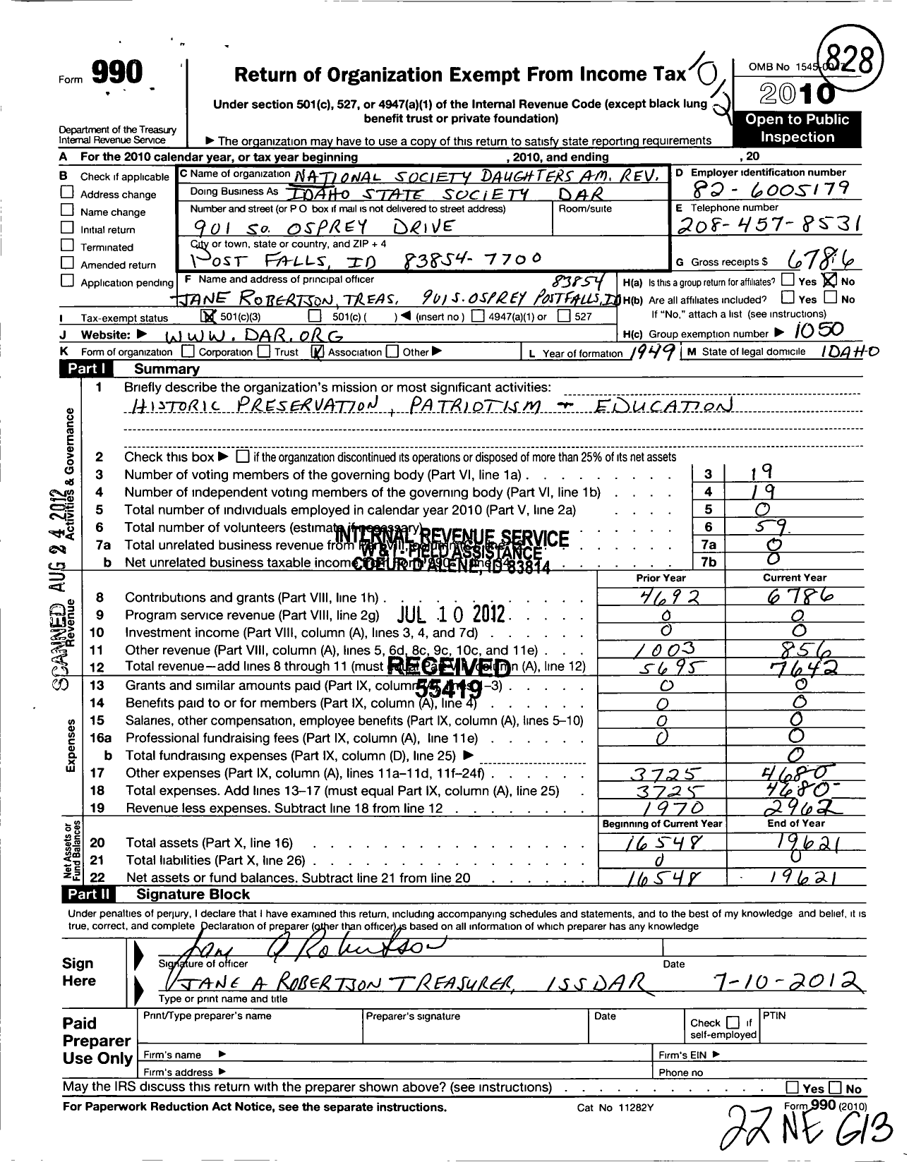 Image of first page of 2010 Form 990 for Daughters of the American Revolution - Idaho State Society Dar