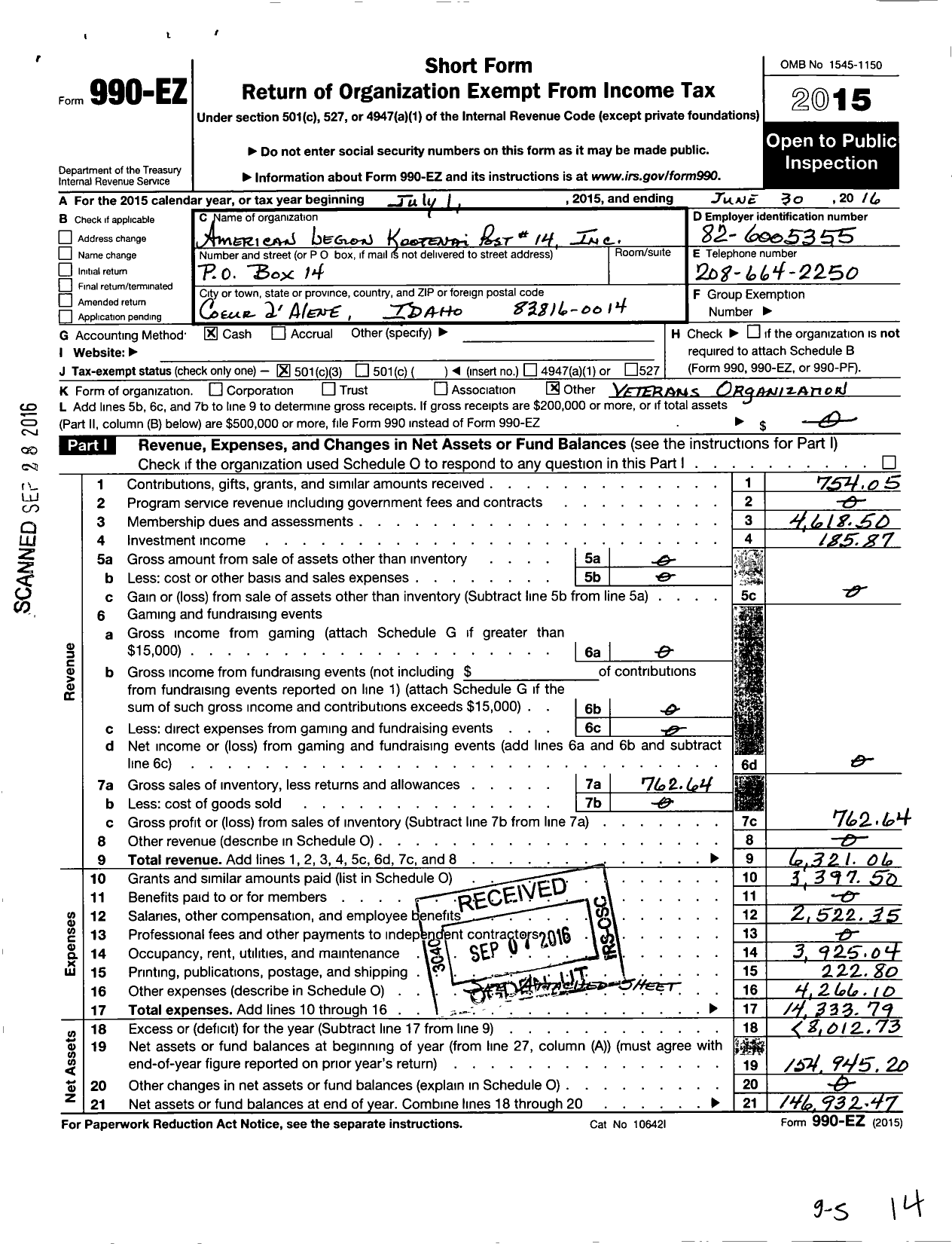 Image of first page of 2015 Form 990EZ for American Legion - 0014 Kootenai Post