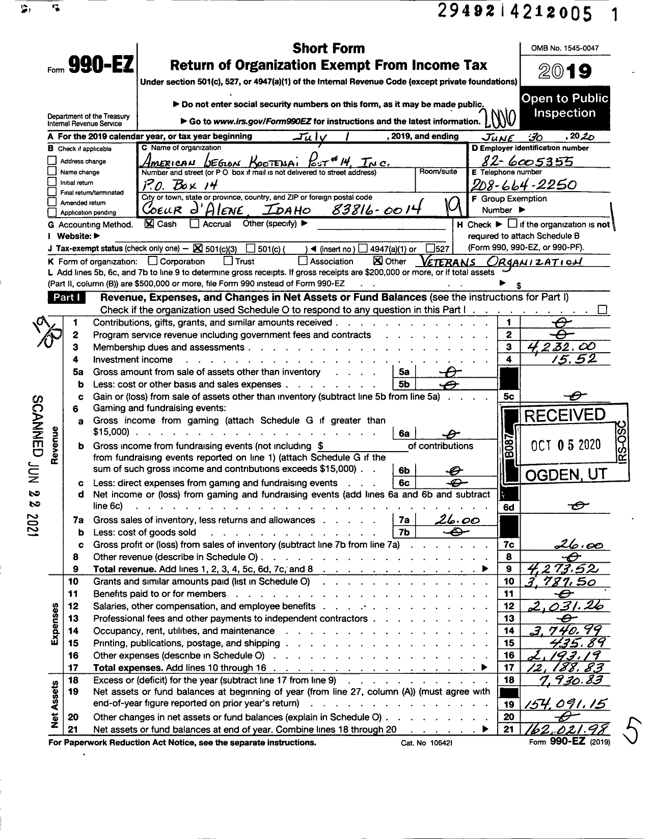 Image of first page of 2019 Form 990EO for American Legion - 0014 Kootenai Post