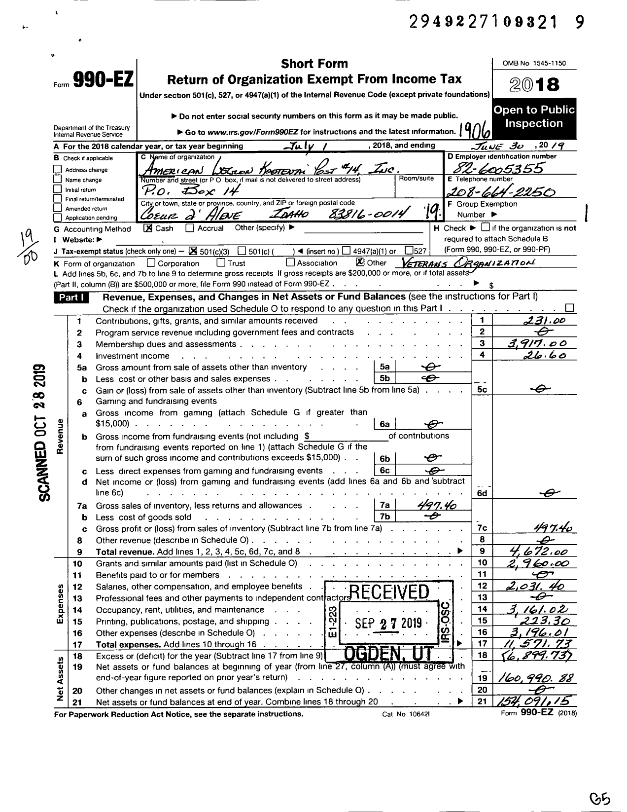 Image of first page of 2018 Form 990EO for American Legion - 0014 Kootenai Post