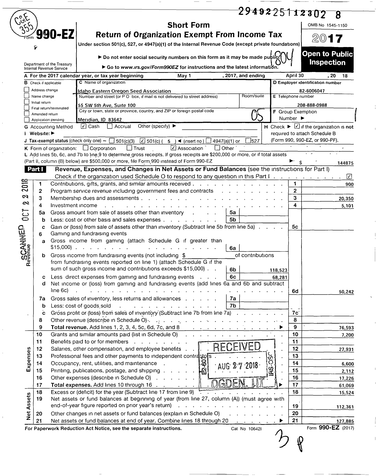 Image of first page of 2017 Form 990EO for Idaho-Eastern Oregon Seed Association