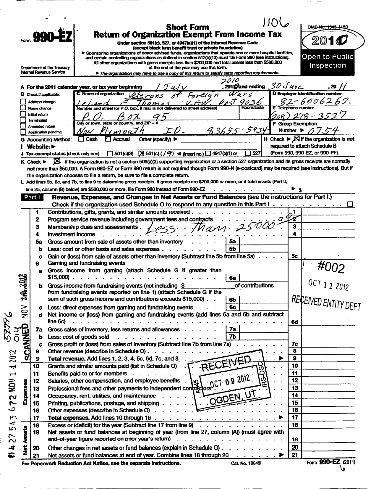 Image of first page of 2010 Form 990EO for Veterans of Foreign Wars of the United States Dept of Idaho - 9036 Leland E Thomas VFW Post