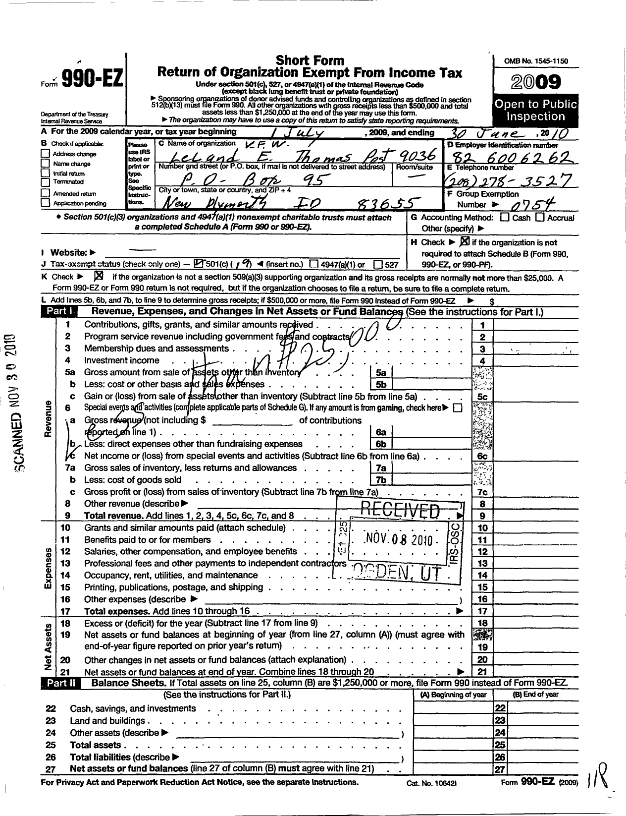 Image of first page of 2009 Form 990EO for Veterans of Foreign Wars of the United States Dept of Idaho - 9036 Leland E Thomas VFW Post