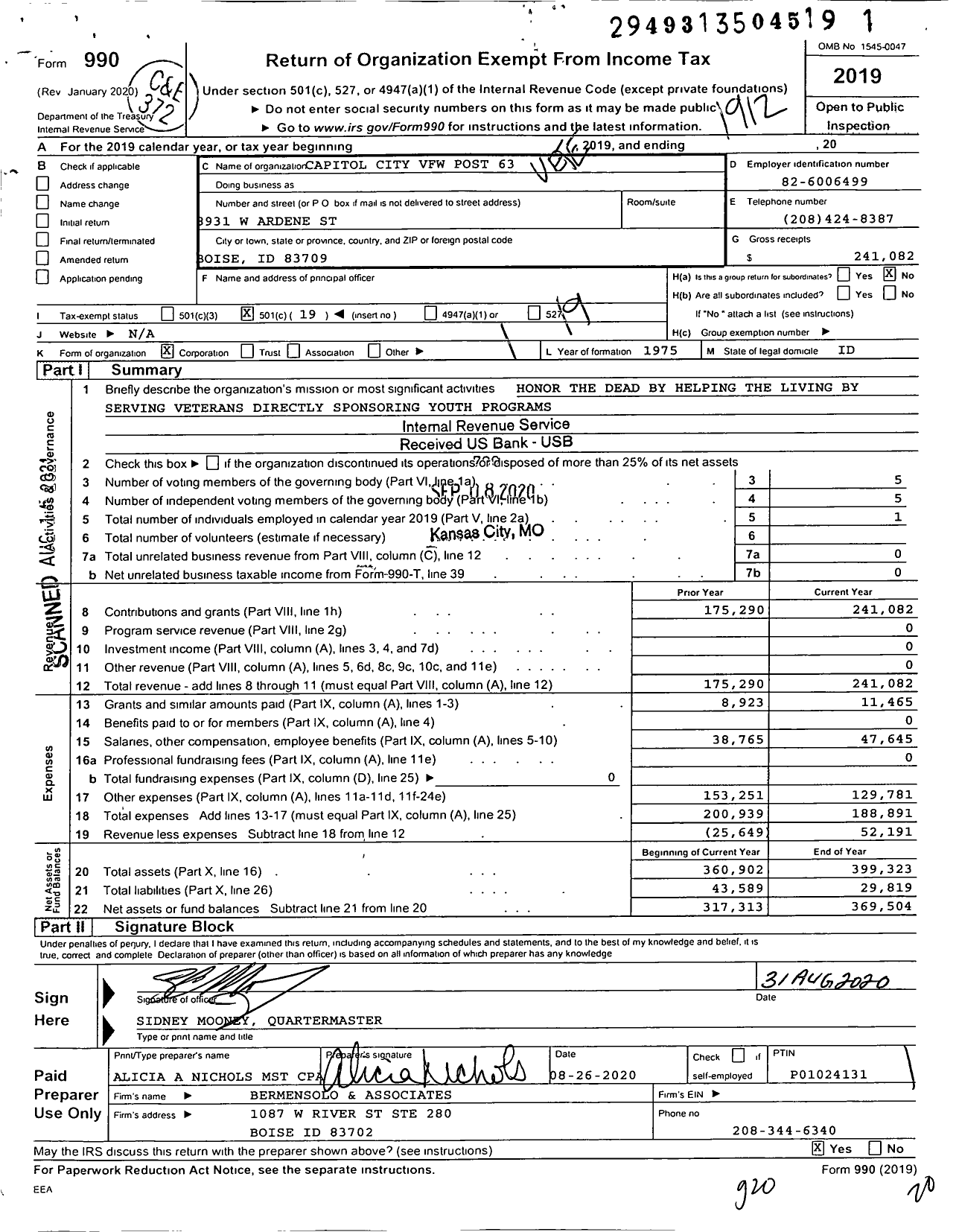 Image of first page of 2019 Form 990O for Veterans of Foreign Wars of the United States Dept of Idaho - 63 Capitol City VFW Post