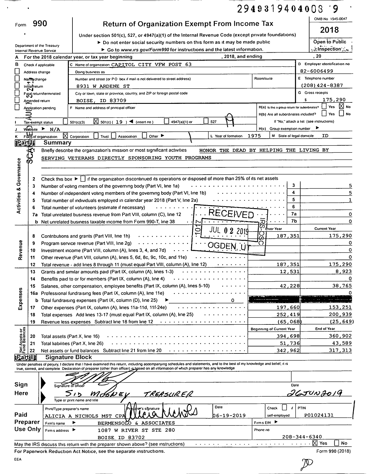 Image of first page of 2018 Form 990O for Veterans of Foreign Wars of the United States Dept of Idaho - 63 Capitol City VFW Post