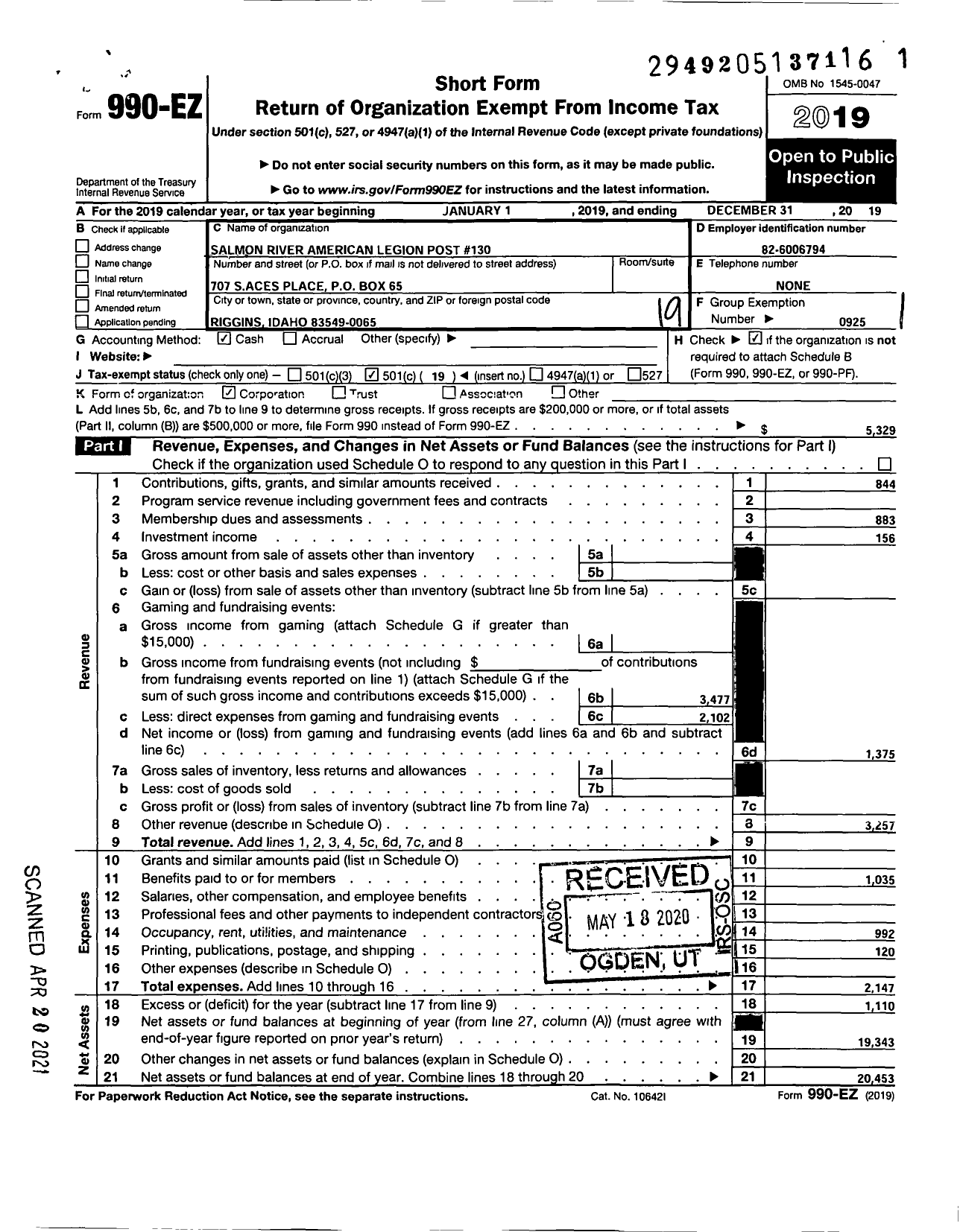 Image of first page of 2019 Form 990EO for American Legion - 0130 Salmon River