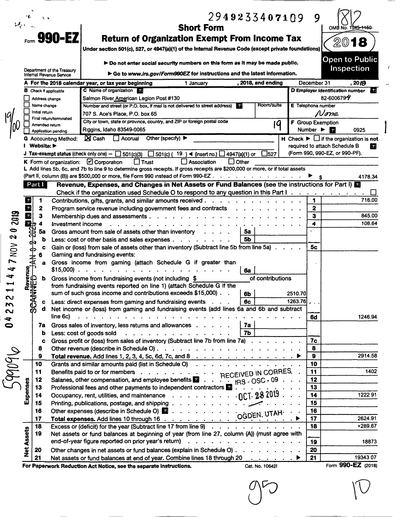 Image of first page of 2018 Form 990EO for American Legion - 0130 Salmon River