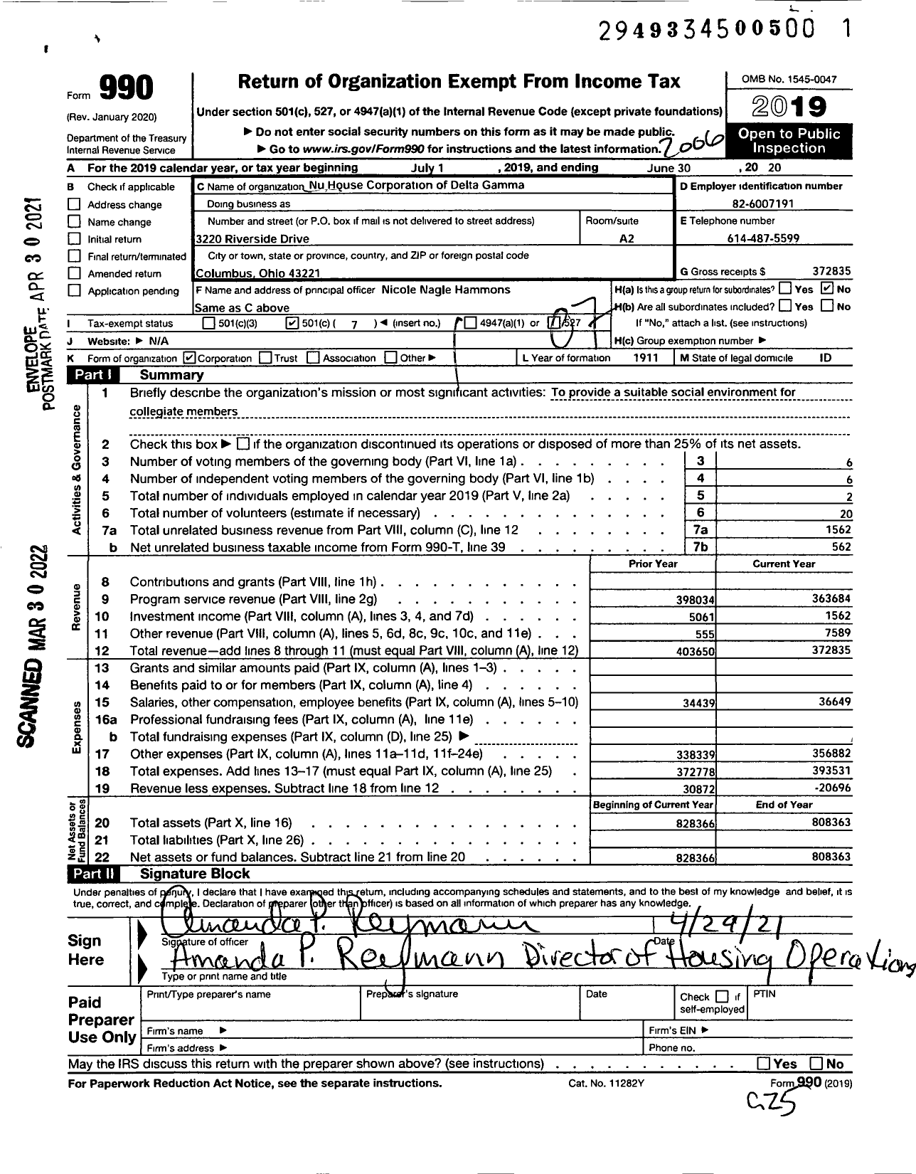 Image of first page of 2019 Form 990O for Nu House Corporation of Delta Gamma