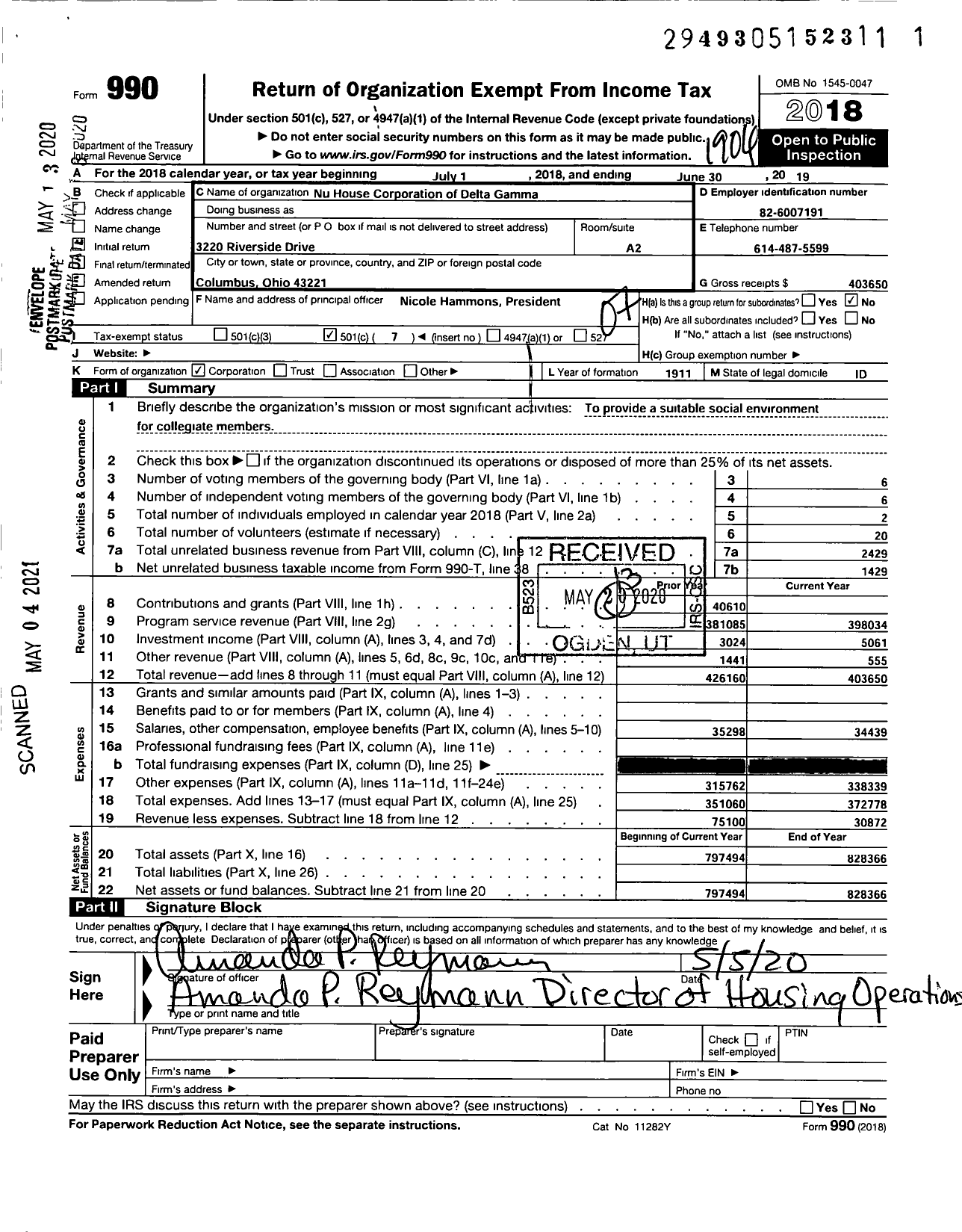 Image of first page of 2018 Form 990O for Nu House Corporation of Delta Gamma