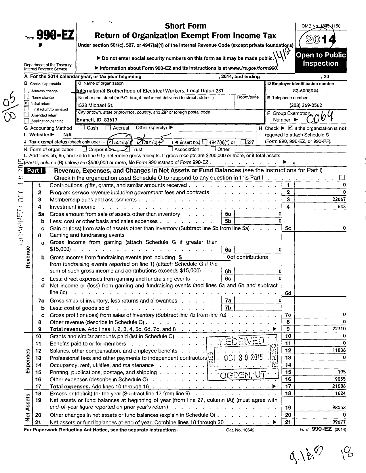 Image of first page of 2014 Form 990EO for International Brotherhood of Electrical Workers - 283 Local Union