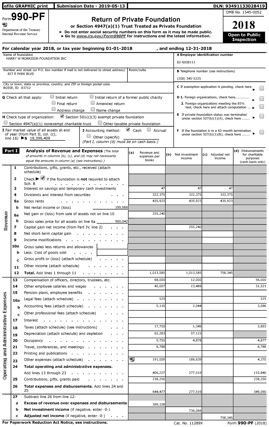 Image of first page of 2018 Form 990PF for Harry W Morrison Foundation