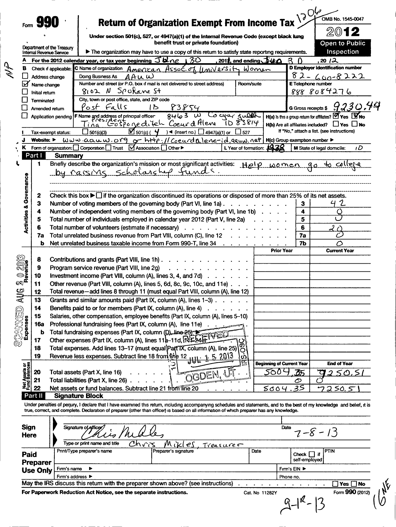 Image of first page of 2011 Form 990O for American Association of University Women / Coeur D Alene