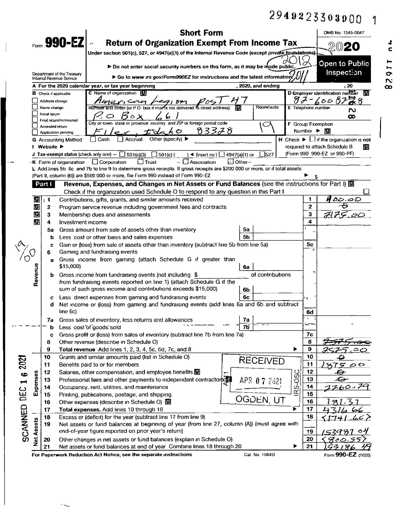 Image of first page of 2019 Form 990EO for American Legion Auxiliary - 47 Filer