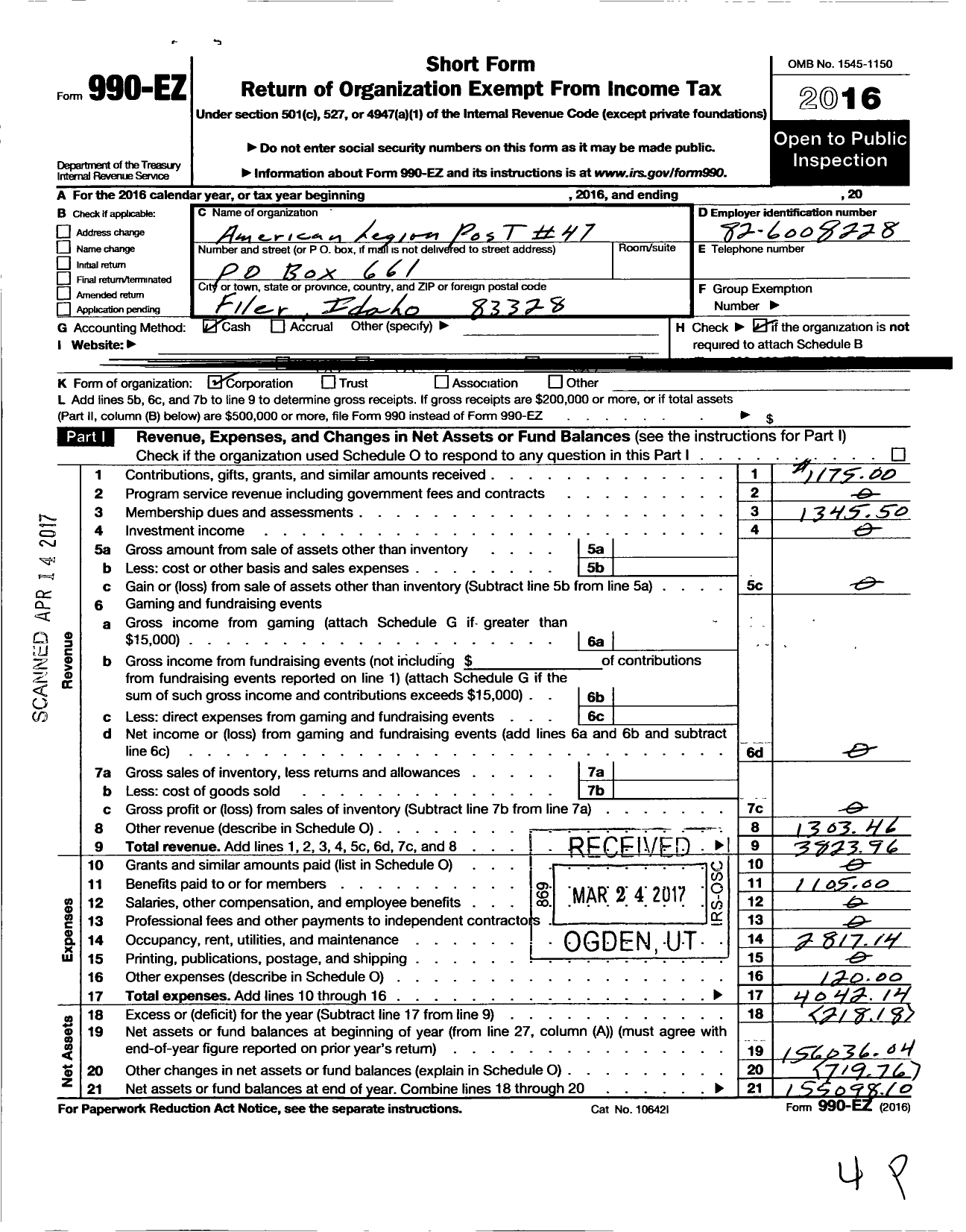 Image of first page of 2016 Form 990EO for American Legion Auxiliary - 47 Filer