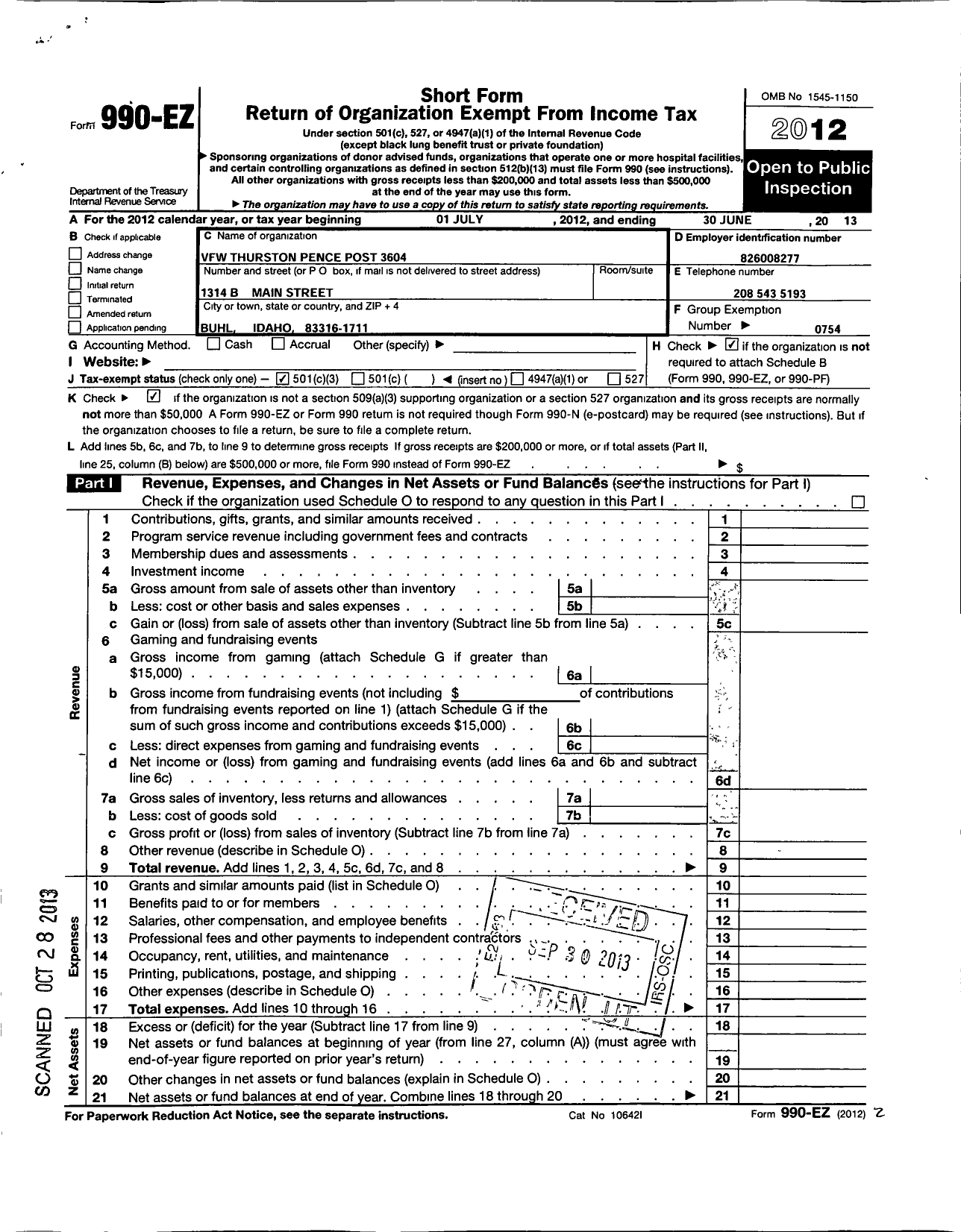 Image of first page of 2012 Form 990EZ for Veterans of Foreign Wars of the United States Dept of Idaho - 3604 Thurston Pence VFW Post
