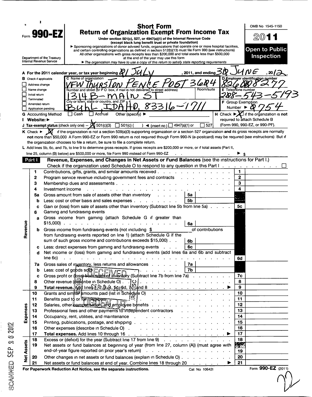 Image of first page of 2011 Form 990EZ for Veterans of Foreign Wars of the United States Dept of Idaho - 3604 Thurston Pence VFW Post