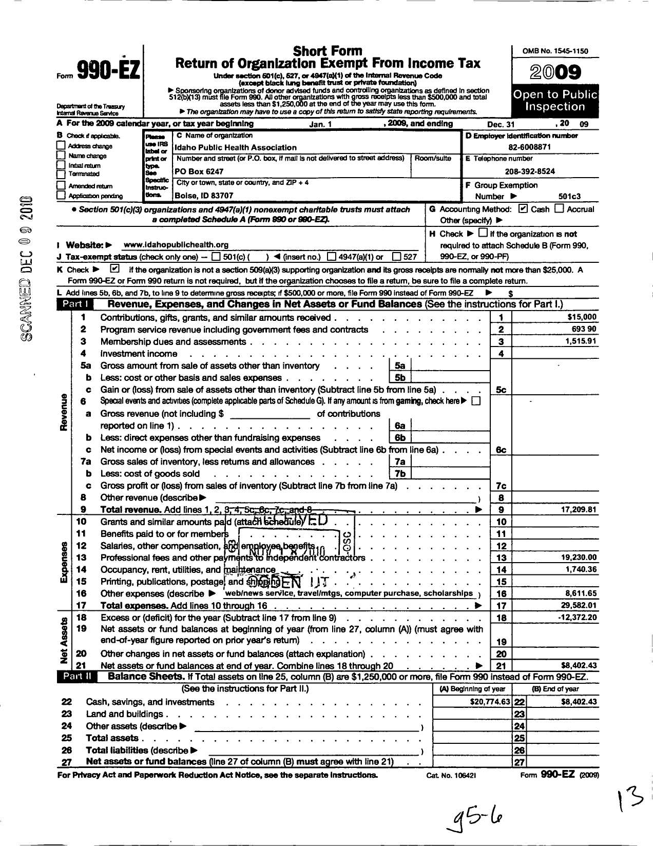 Image of first page of 2009 Form 990EO for Idaho Public Health Association