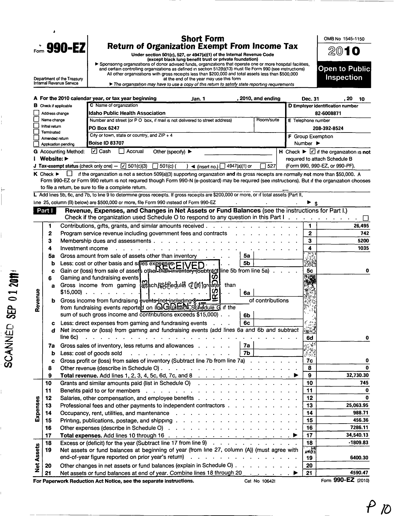 Image of first page of 2010 Form 990EZ for Idaho Public Health Association