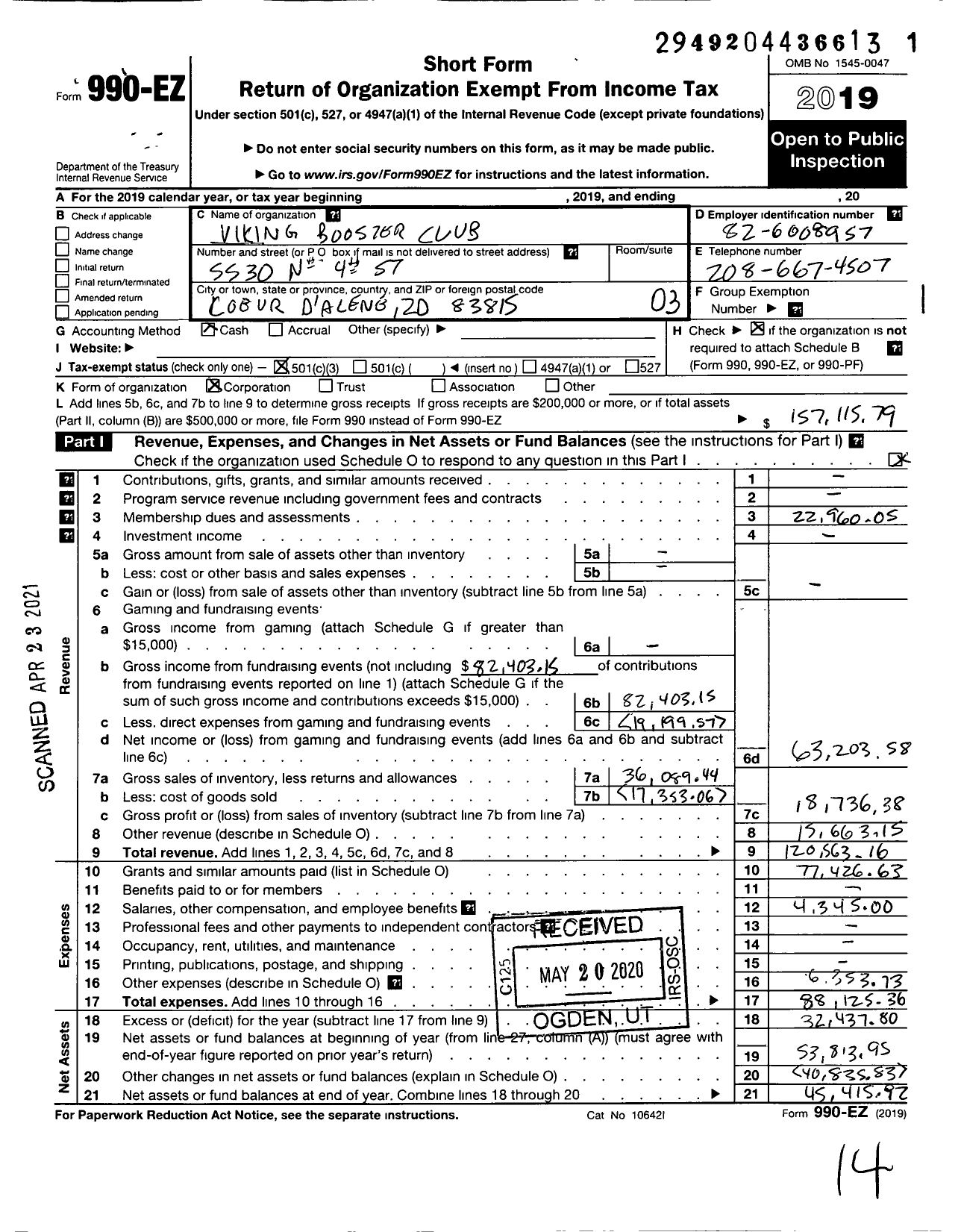 Image of first page of 2019 Form 990EZ for Viking Booster Club