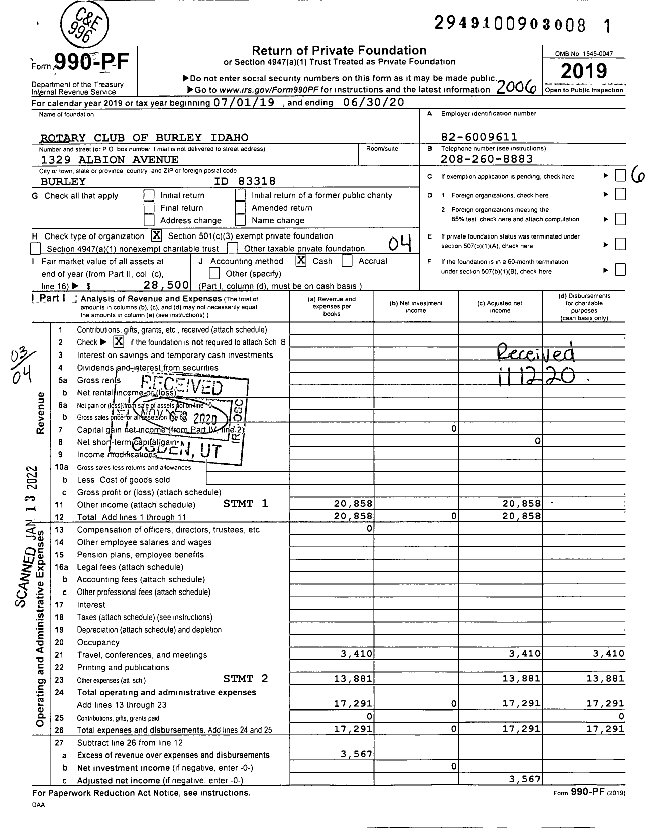 Image of first page of 2019 Form 990PF for Rotary Club of Burley Idaho