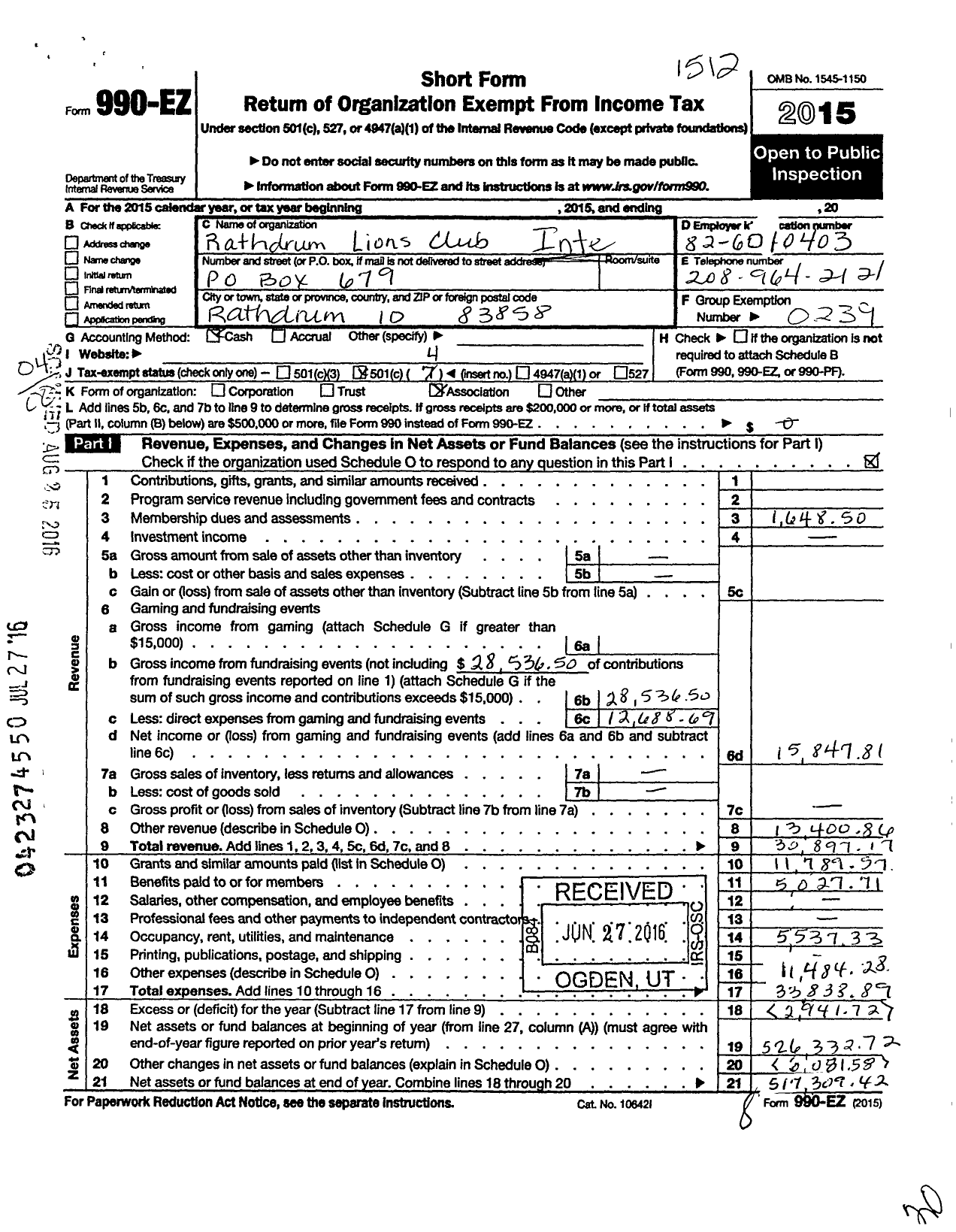 Image of first page of 2015 Form 990EO for Lions Clubs - 7804 Rathdrum