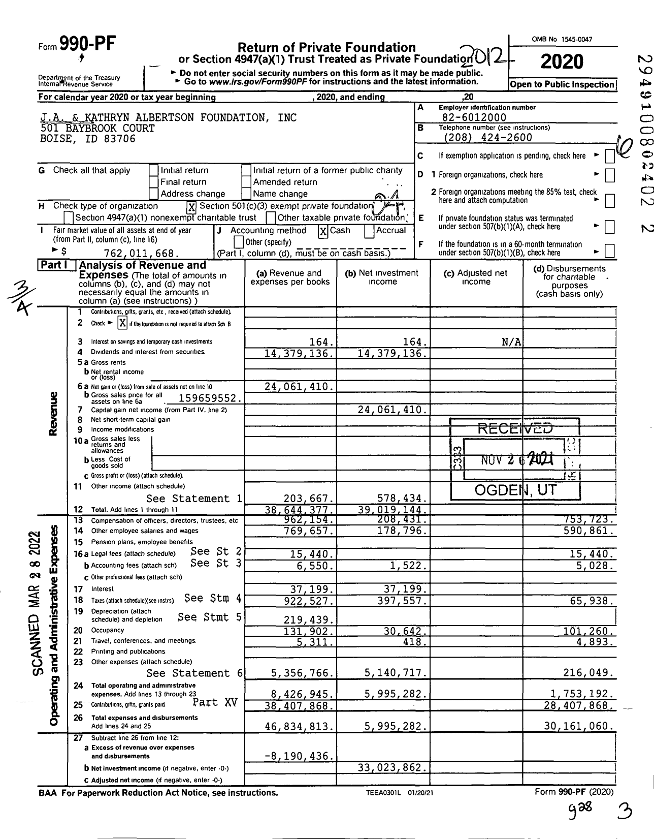 Image of first page of 2020 Form 990PF for Ja and Kathryn Albertson Foundation