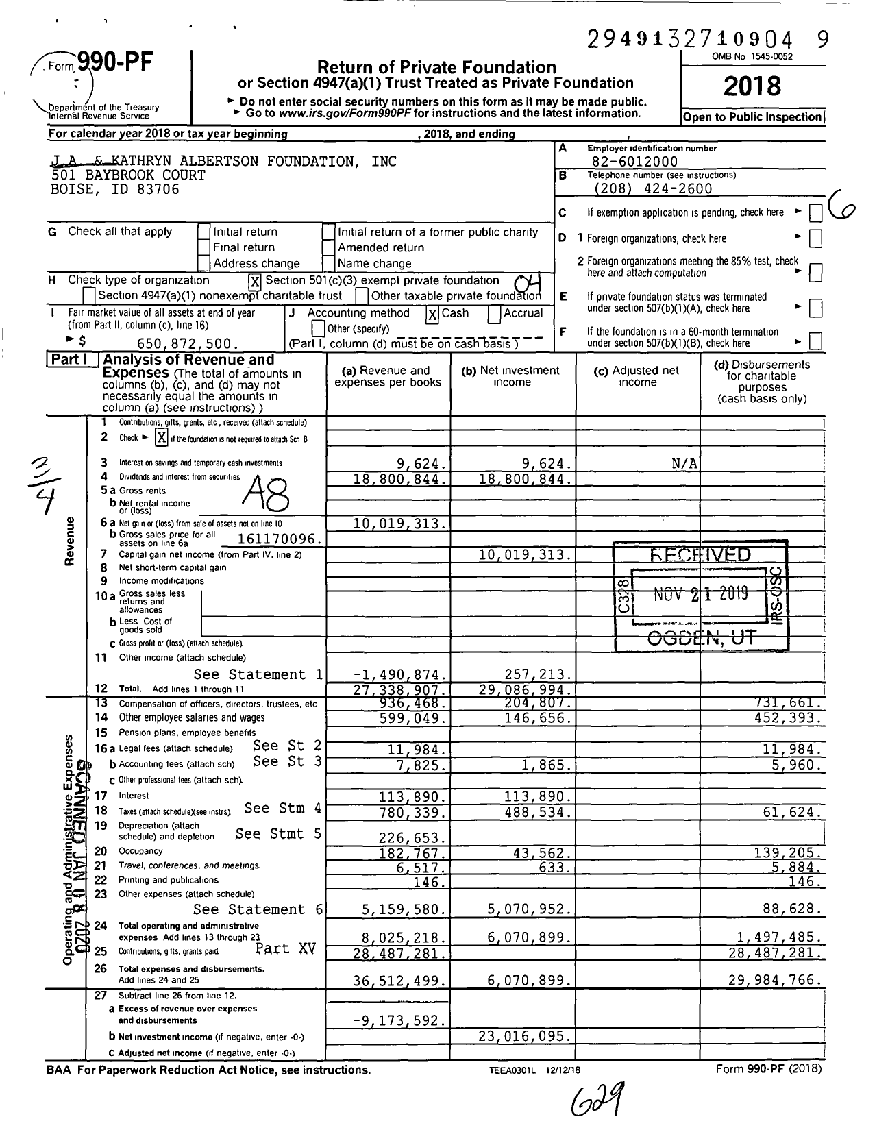 Image of first page of 2018 Form 990PF for Ja and Kathryn Albertson Foundation