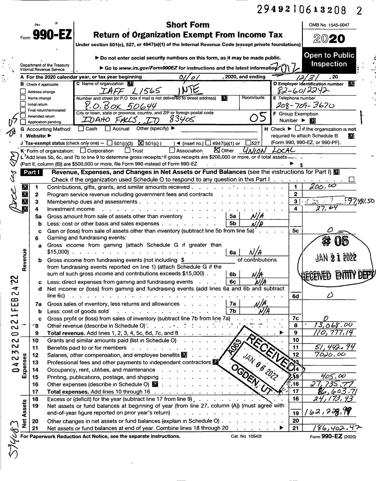 Image of first page of 2020 Form 990EO for INTERNATIONAL ASSOCIATION OF FIRE FIGHTERS - L1565 Idaho Falls