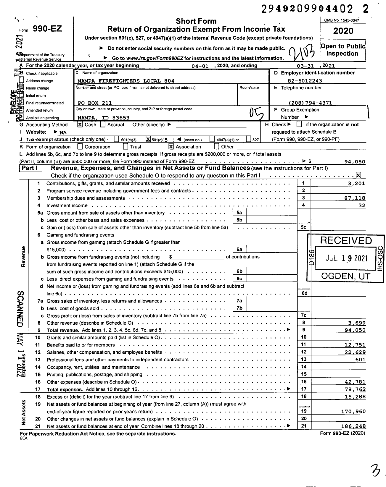 Image of first page of 2020 Form 990EO for International Association of Fire Fighters - L0804 Nampa