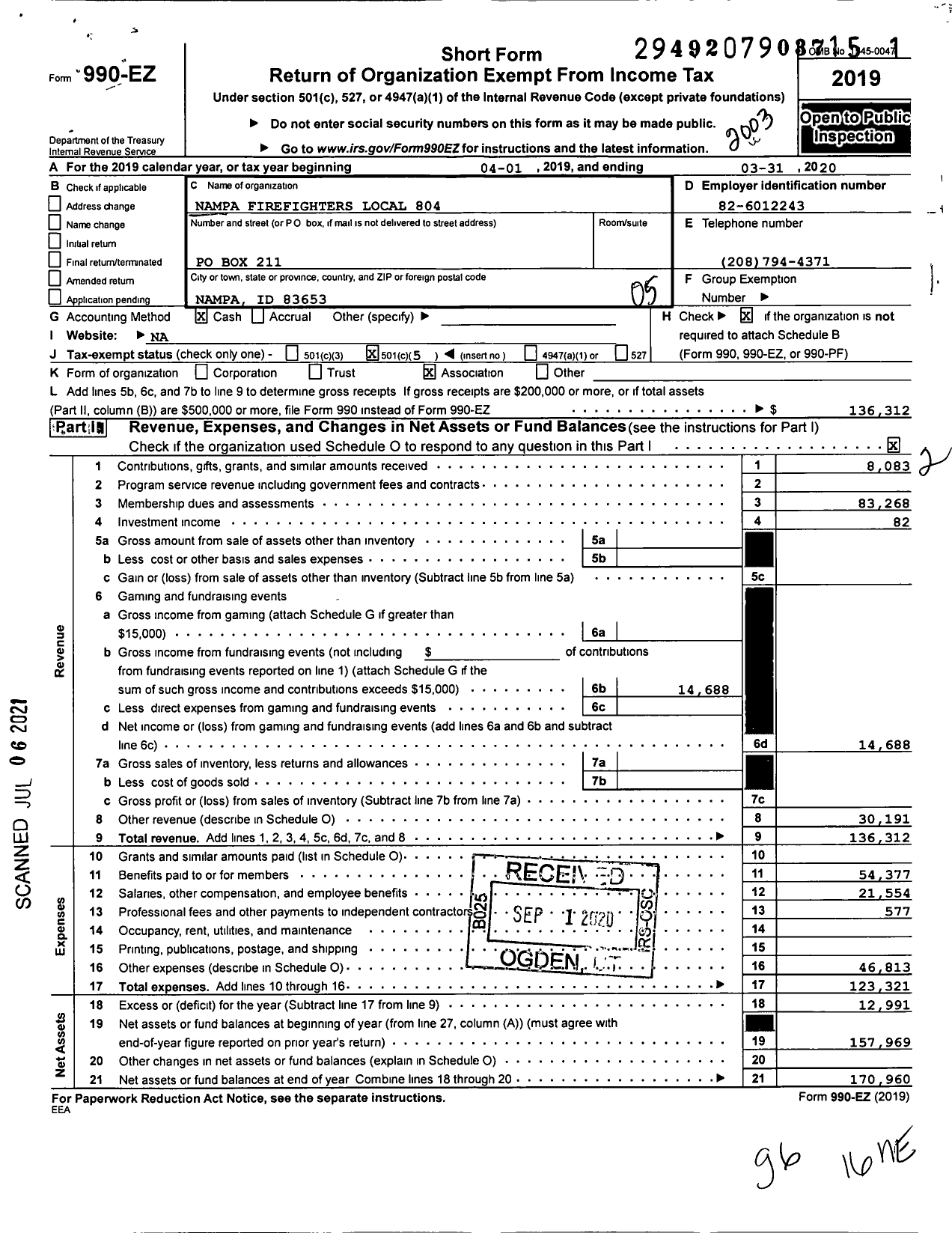 Image of first page of 2019 Form 990EO for International Association of Fire Fighters - L0804 Nampa