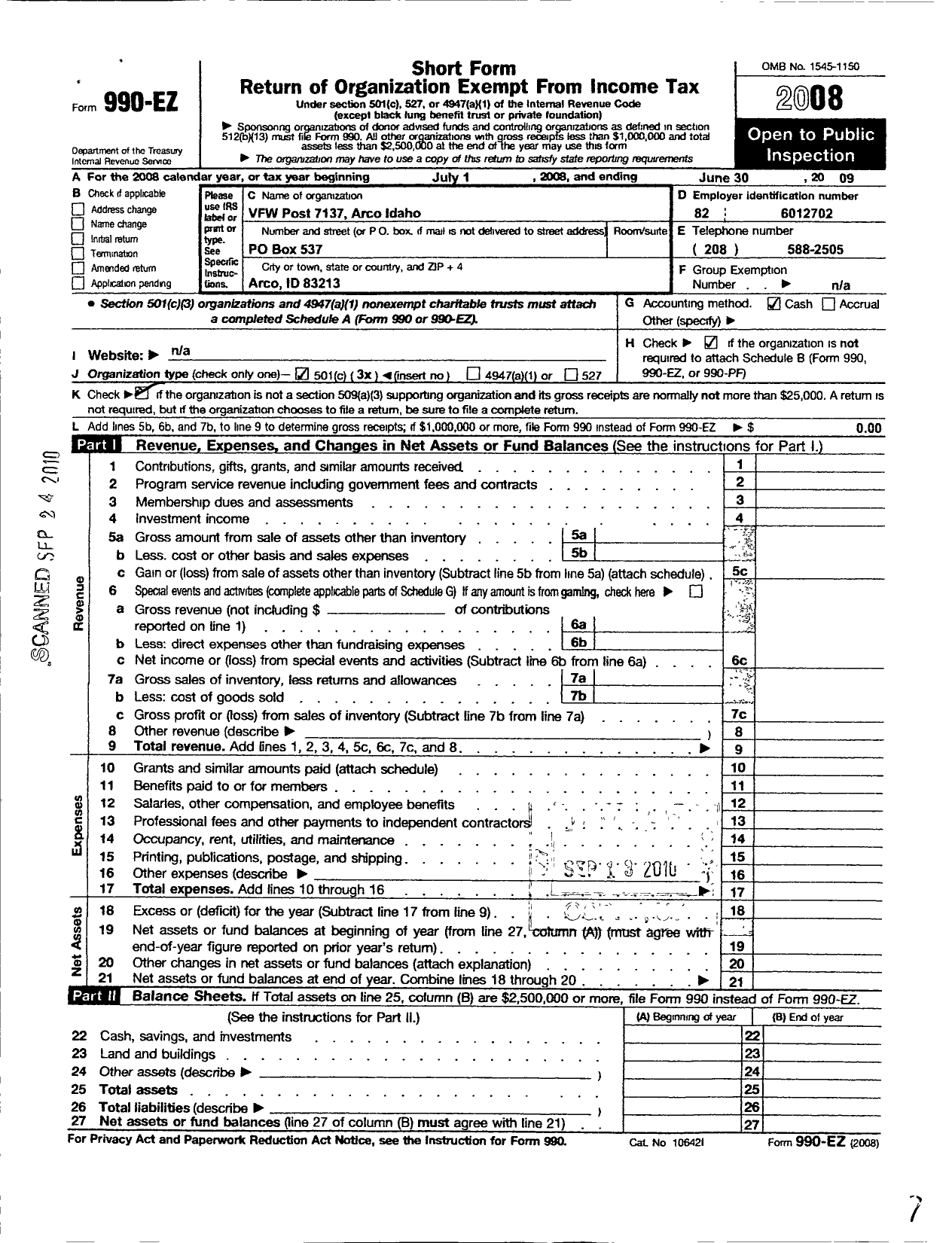 Image of first page of 2008 Form 990EZ for Veterans of Foreign Wars of the United States Dept of Idaho - 7137 Harland Clendenin VFW Post