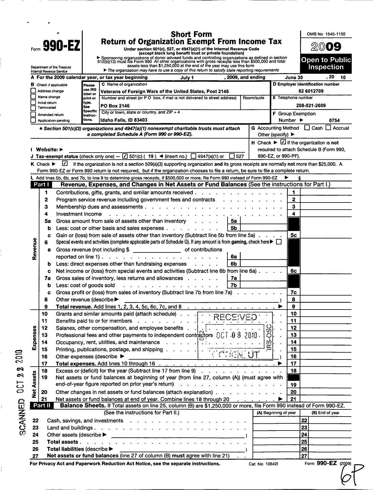 Image of first page of 2009 Form 990EO for Veterans of Foreign Wars of the United States Dept of Idaho - 2146 Idaho Falls VFW Post