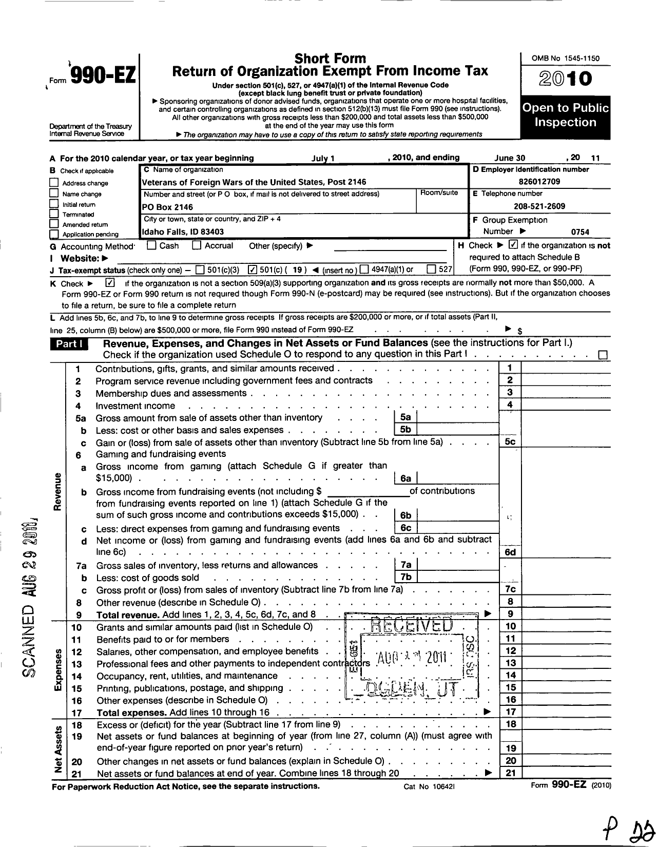 Image of first page of 2010 Form 990EO for Veterans of Foreign Wars of the United States Dept of Idaho - 2146 Idaho Falls VFW Post