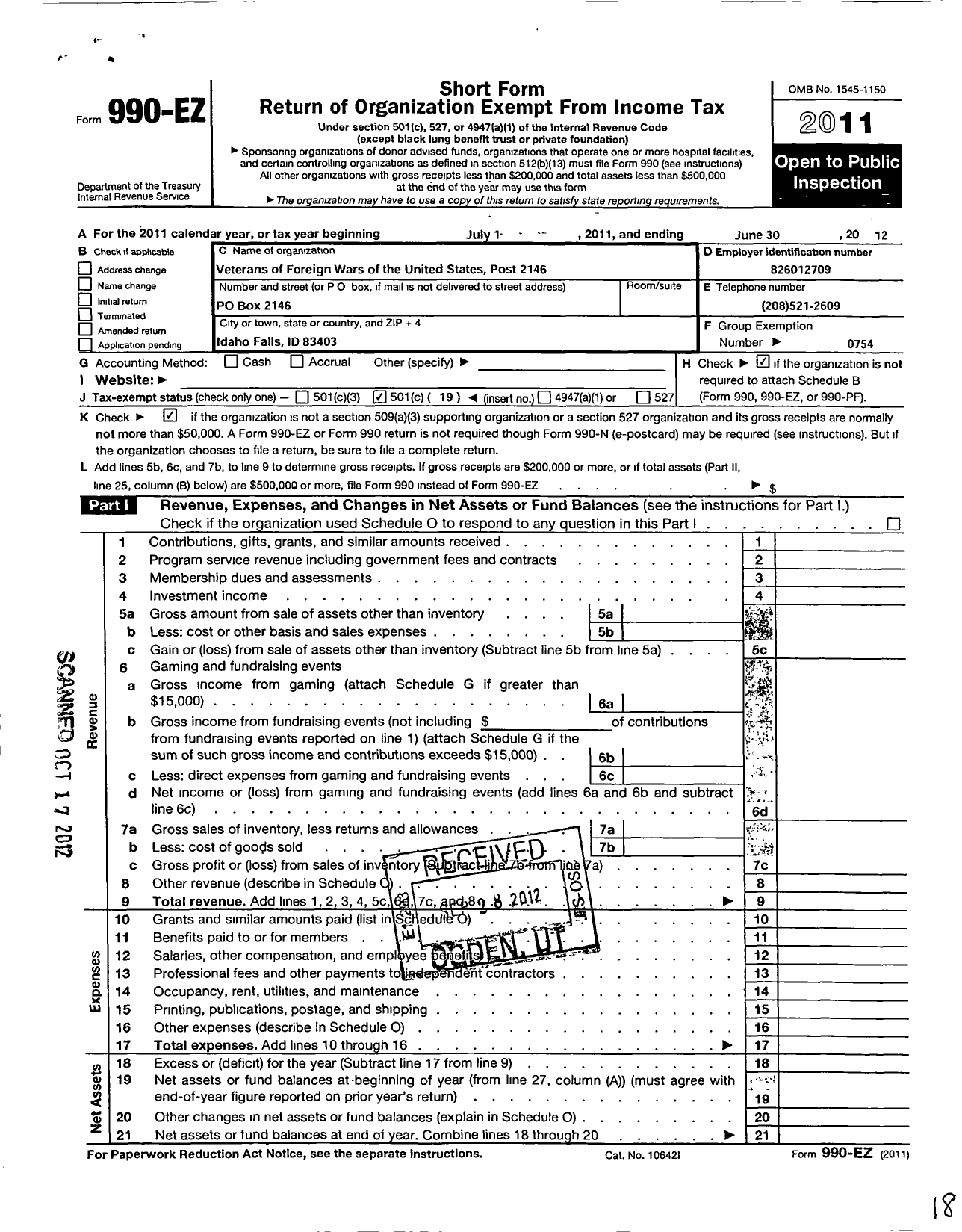 Image of first page of 2011 Form 990EO for Veterans of Foreign Wars of the United States Dept of Idaho - 2146 Idaho Falls VFW Post