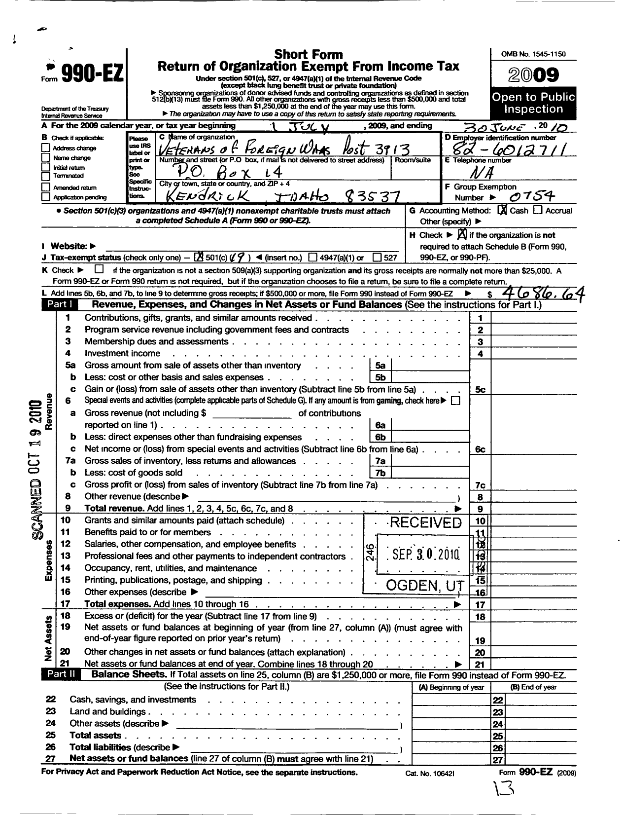 Image of first page of 2009 Form 990EO for Veterans of Foreign Wars of the United States Dept of Idaho - 3913 Baker Lind VFW Post