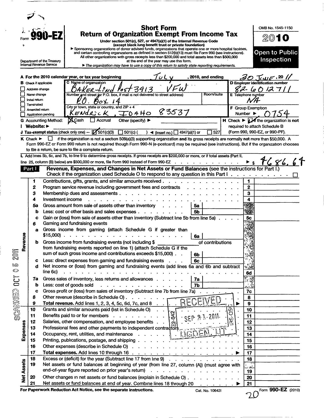 Image of first page of 2010 Form 990EZ for Veterans of Foreign Wars of the United States Dept of Idaho - 3913 Baker Lind VFW Post