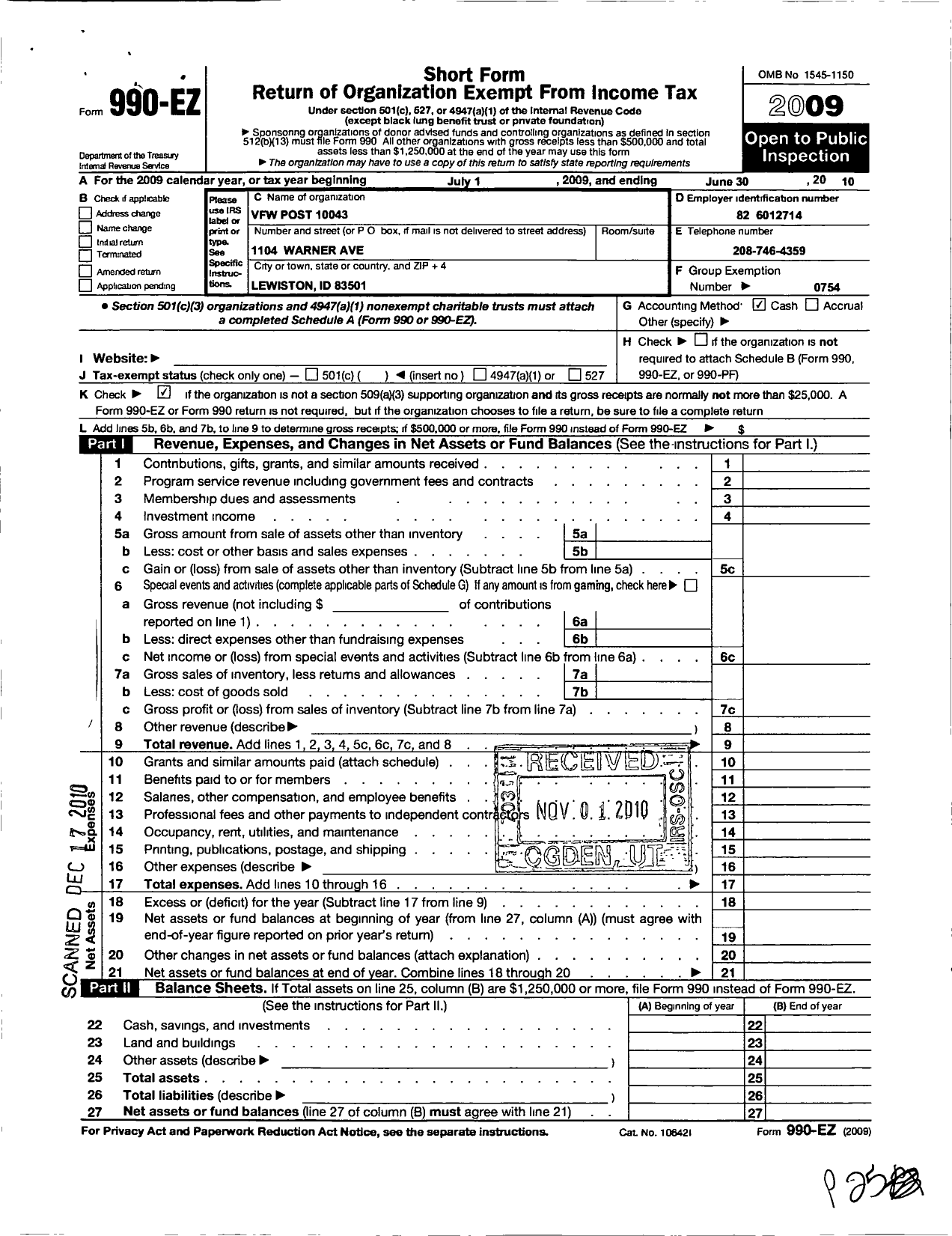 Image of first page of 2009 Form 990EO for Veterans of Foreign Wars of the United States Dept of Idaho - 10043 Sourdough VFW Post