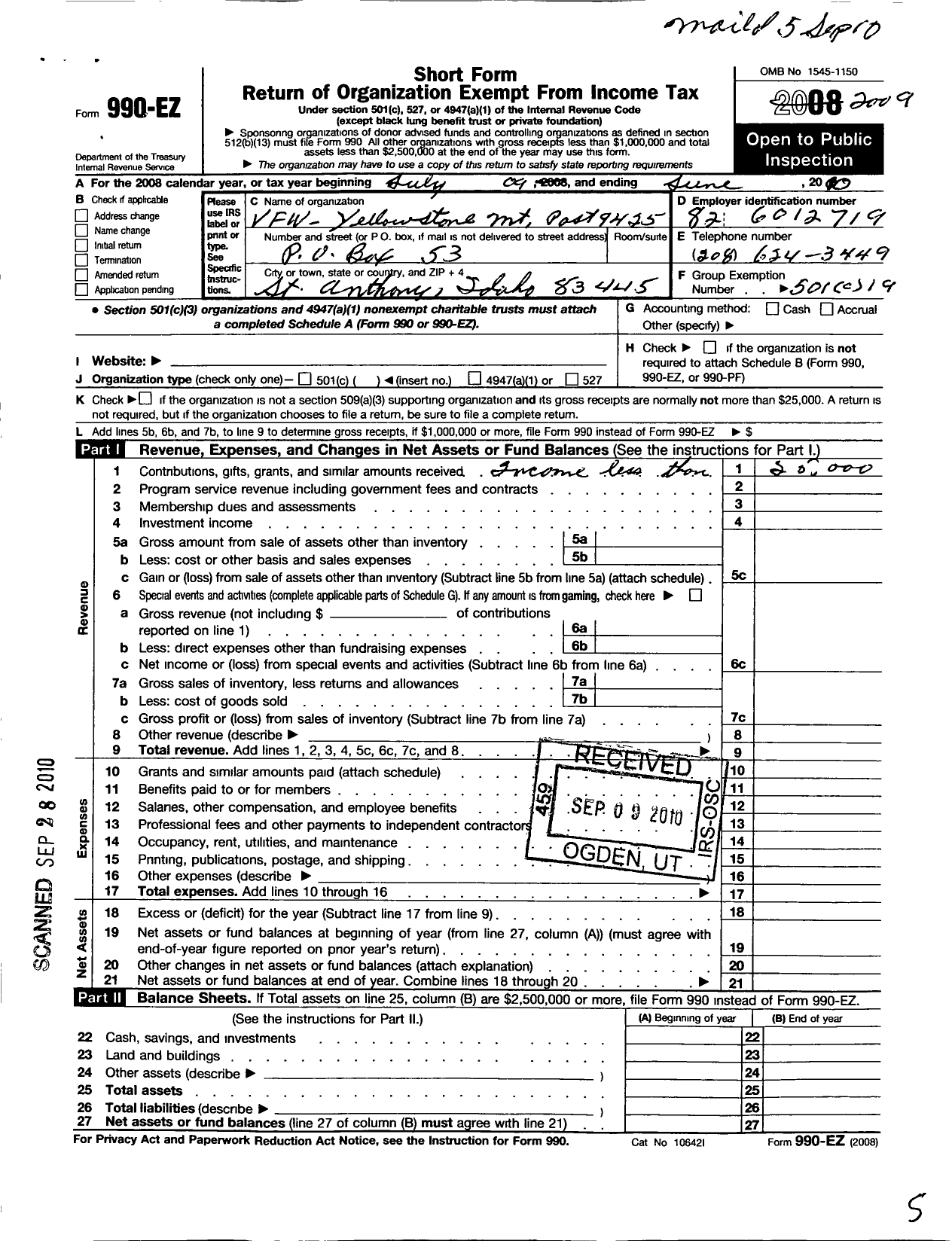 Image of first page of 2009 Form 990EO for Veterans of Foreign Wars of the United States Dept of Idaho - 9425 Yellowstone MTN VFW Post