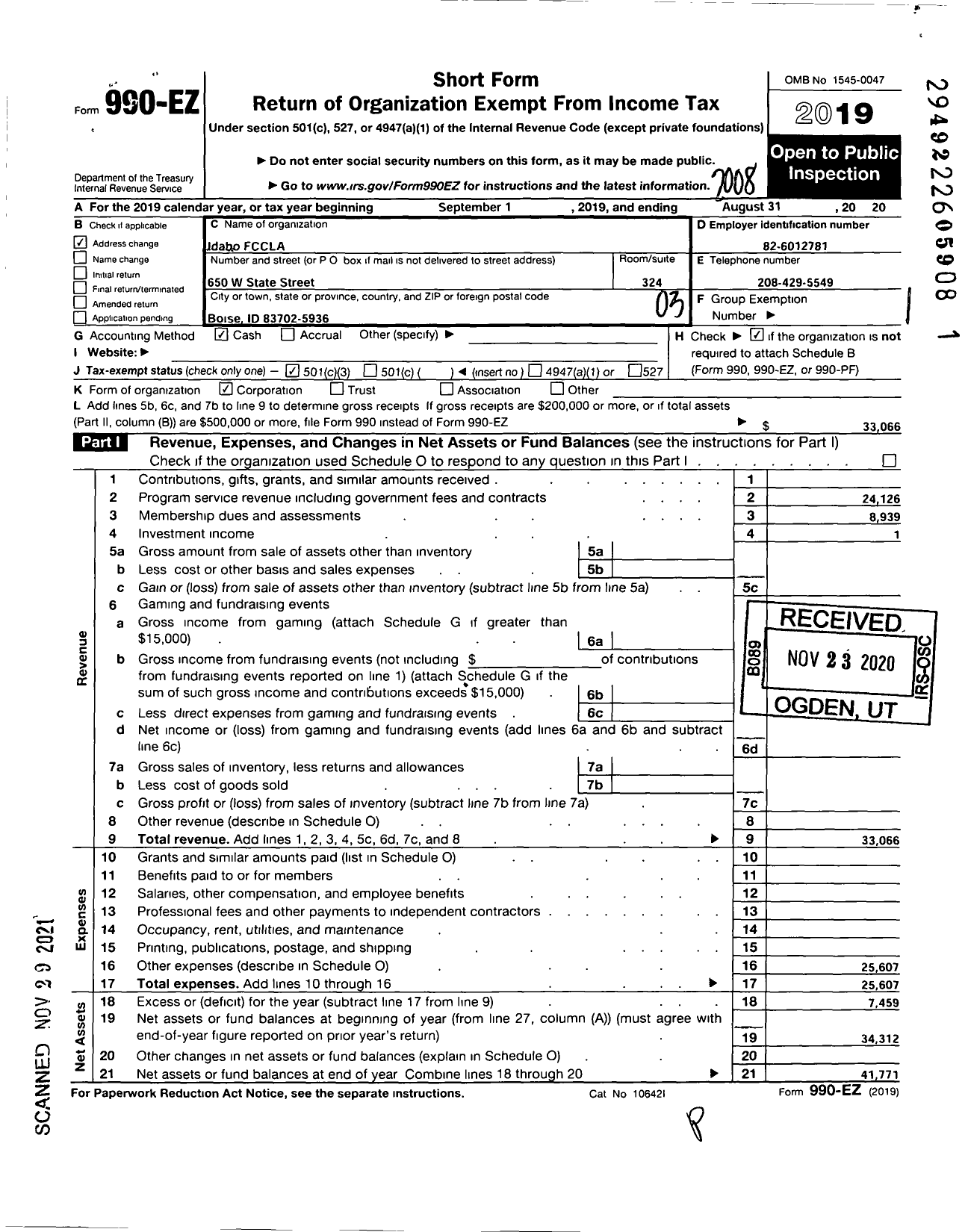 Image of first page of 2019 Form 990EZ for Family Career and Community Leaders of America / Idaho Association