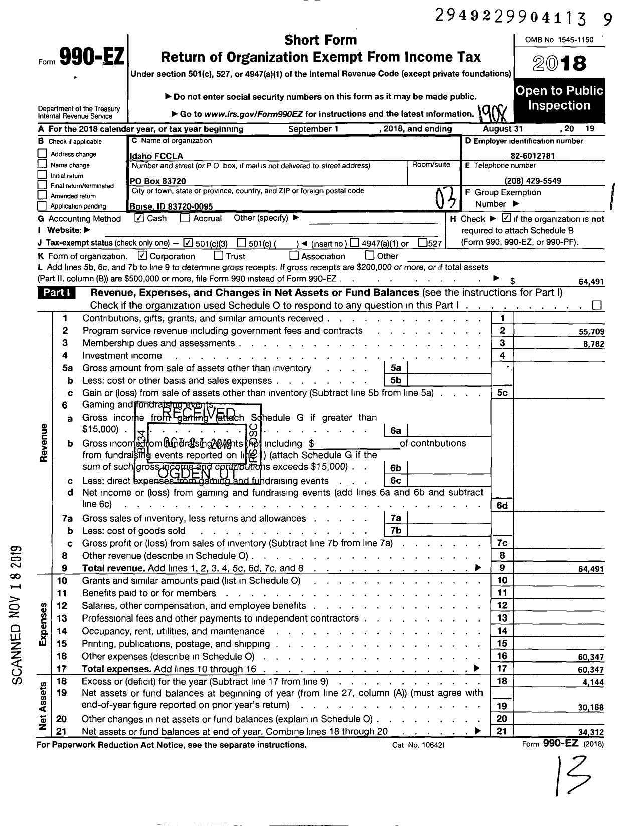 Image of first page of 2018 Form 990EZ for Family Career and Community Leaders of America / Idaho Association